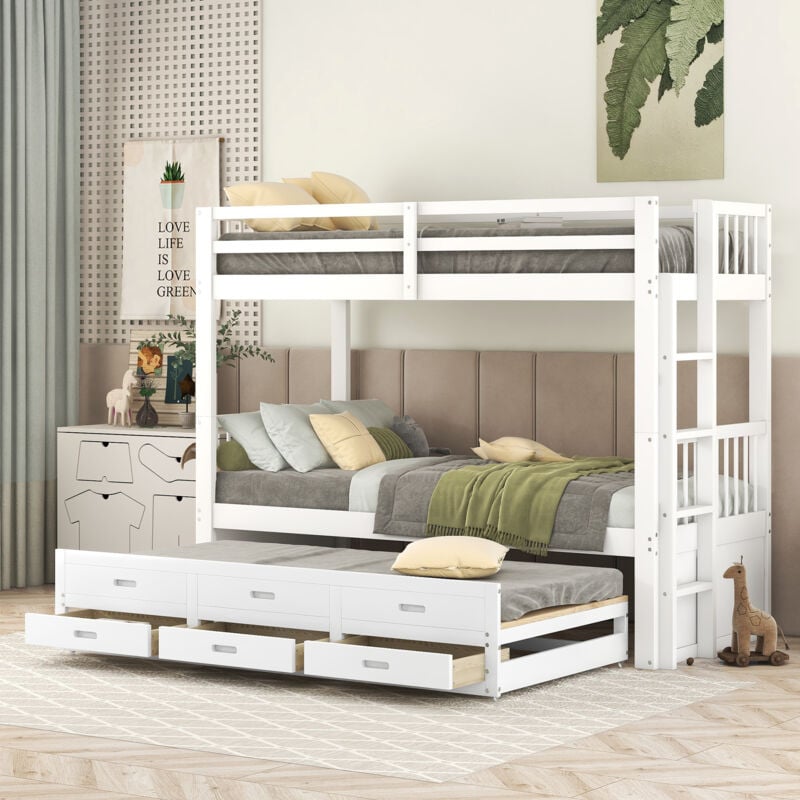 Letto a castello 90x200 cm, letto per bambini, letto a casa per ragazze e ragazzi, struttura letto in pino e MDF con scala e letto estraibile e 3