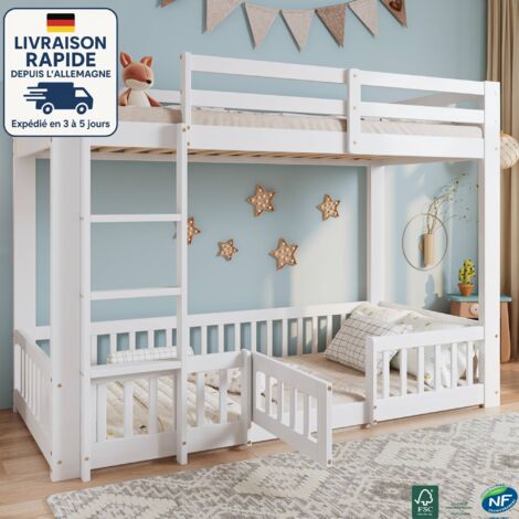 Letto a castello 90x200cm - letto a castello per bambini 90 x 200 - Legno di pino + LVL, con scale ad angolo retto, corrimano e porte, con protezione anticaduta - Legno certificato PEFC - Bianco