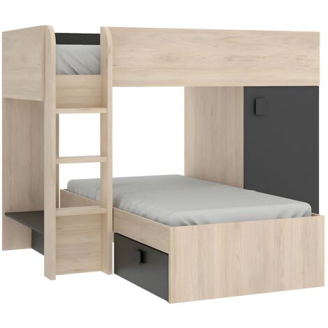 Letto a castello ad angolo reversibile Vani portaoggetti integrati 2 x 90 x 190 cm - Rovere e Antracite - RICARDO