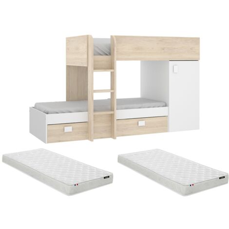 Letto a castello ad angolo reversibile - Vani portaoggetti integrati 2 x 90 x 190 cm Rovere e Bianco + materasso - RICARDO