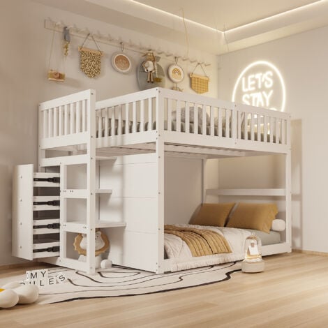 Letto a castello basso 140x200 cm Letto a castello di sicurezza con contenitore in legno Design con recinzione alta Bianco