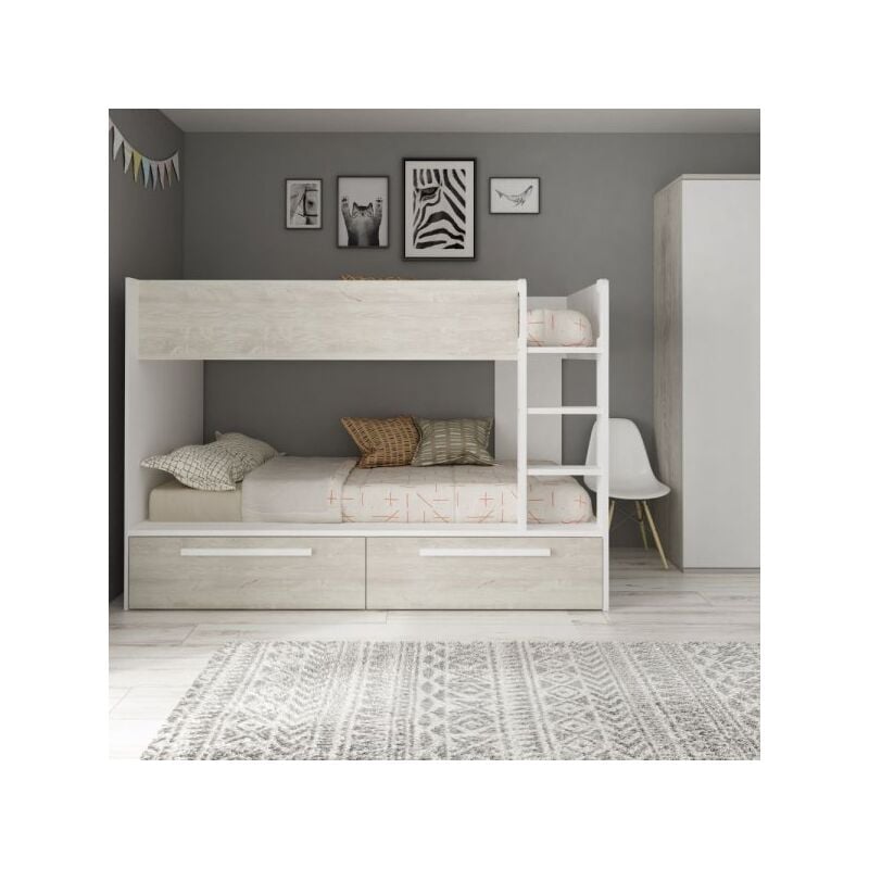 Cameretta con letto a castello con cassettoni colore bianco consumato e bianco reversibile