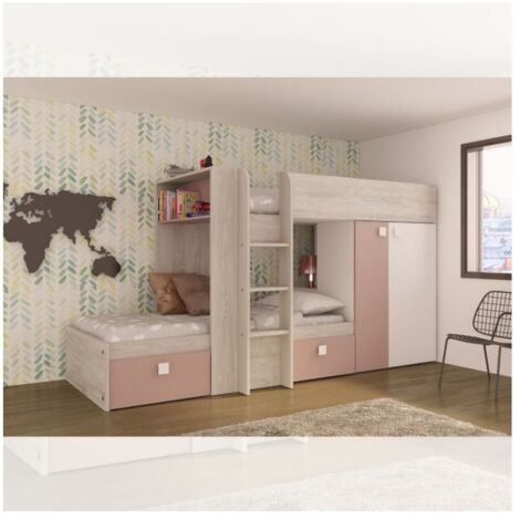 Letto a castello bianco consumato e rosa antico con armadio e cassetti 1262