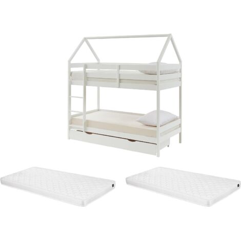 Letto a castello capanna 2 x 90 x 190 cm 2 cassetti Pino Bianco + Materasso - CHORI