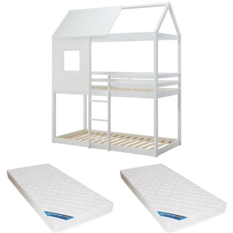 Letto Da Bambini Estraibile Bianco In Pino Massiccio Con Contenitore Con Rete Inclusa 90x200 Cm Carrie Marckeric