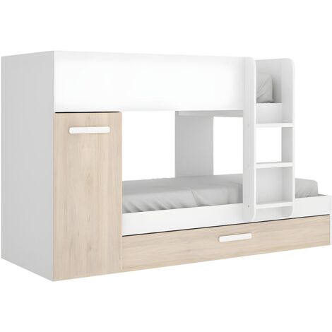 Letto a castello con cassetto letto estraibile e contenitori 3 x 90 x 190 cm Bianco e Naturale - ANTHONY