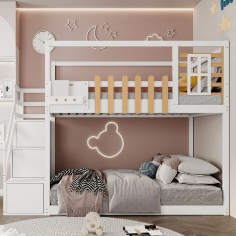 Letto a castello con scaletta, finestra e box con ripiano, struttura in legno massiccio di pino, letto per bambini con 3 armadietti nelle scale, con griglia anticaduta, bianco, 90x200 cm OKWISH