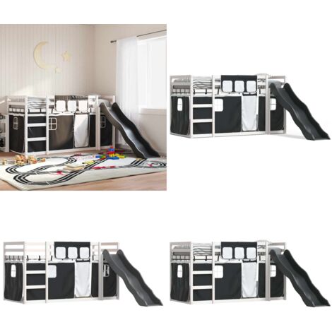 Letto a Castello con Scivolo e Tende Bianco e Nero 80x200 cm - Letto a castello bambino - Letto a castello con tende