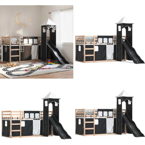 Letto a Castello con Scivolo e Tende Bianco e Nero 80x200 cm - Letto a castello per bambini - Letto a castello con tende