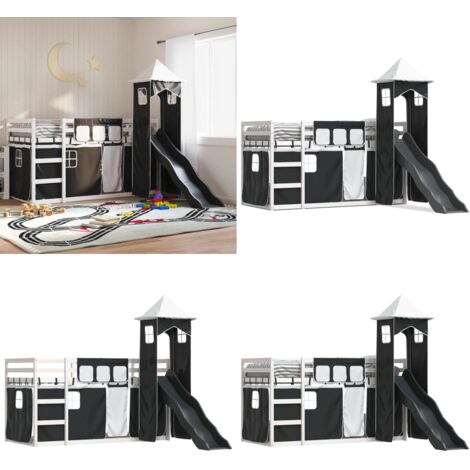 Letto a Castello con Scivolo e Tende Bianco e Nero 80x200 cm - Letto a castello per bambini - Letto a castello con tende