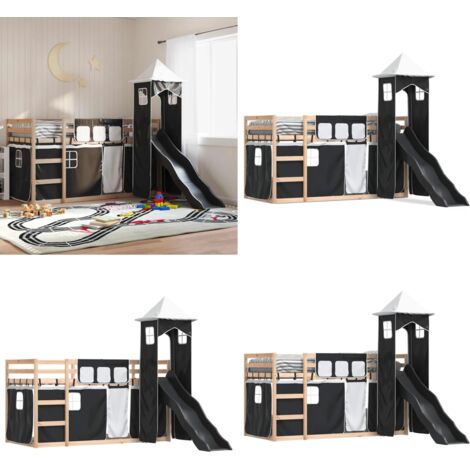 Letto a Castello con Scivolo e Tende Bianco e Nero 80x200 cm - Tende per letto - Letto per bambini
