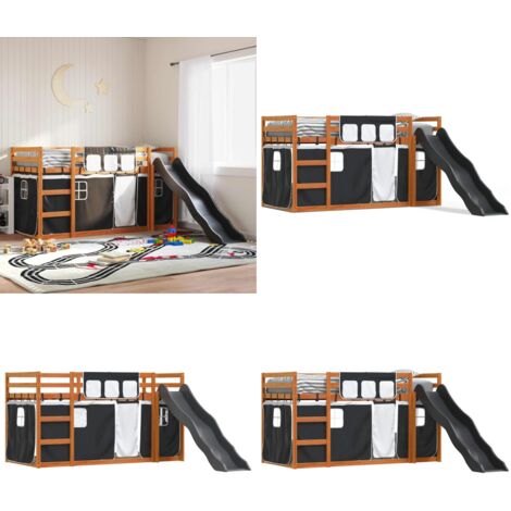 Letto a Castello con Scivolo e Tende Bianco e Nero 90x200 cm - Letto a castello per bambini - Letto a castello con tende