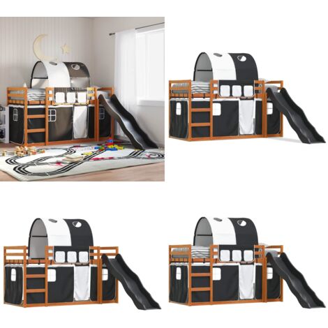 Letto a Castello con Scivolo e Tende Bianco e Nero 90x200 cm - Letto a castello per bambini - Letto a castello con tende
