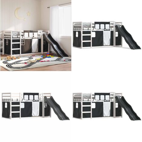 Letto a Castello con Scivolo e Tende Bianco e Nero 90x200 cm - Letto a castello per bambini - Letto a castello con tende