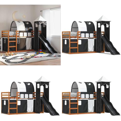Letto a Castello con Scivolo e Tende Bianco e Nero 90x200 cm - Letto a castello per bambini - Letto a castello con tende