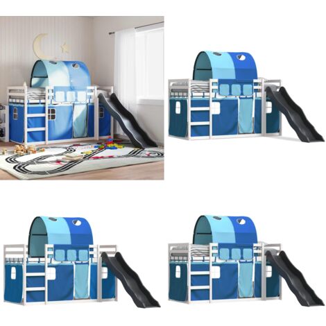 Letto a Castello con Scivolo e Tende Blu 90x190 cm - Letto a castello per bambini - Letto a castello con tende