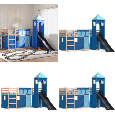 Letto a Castello con Scivolo e Tende Blu 90x190 cm - Scivolo per bambini - Tende per letto