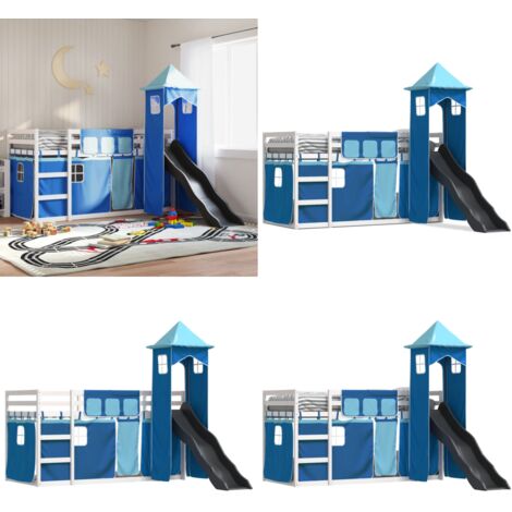 Letto a Castello con Scivolo e Tende Blu 90x200 cm - Letto a castello per bambini - Letto a castello con tende