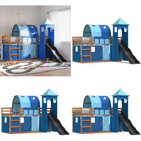 Letto a Castello con Scivolo e Tende Blu 90x200 cm - Letto a castello per bambini - Letto a castello con tende