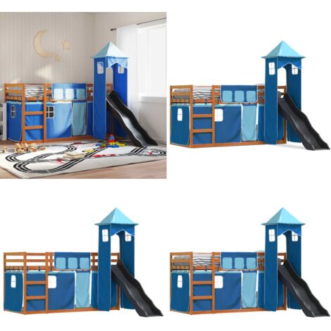 Letto a Castello con Scivolo e Tende Blu 90x200 cm - Letto a castello per bambini - Letto a castello con tende