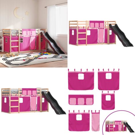 Letto a Castello con Scivolo e Tende Rosa 80x200 cm - Letto a castello per bambini - Letto a castello con tende