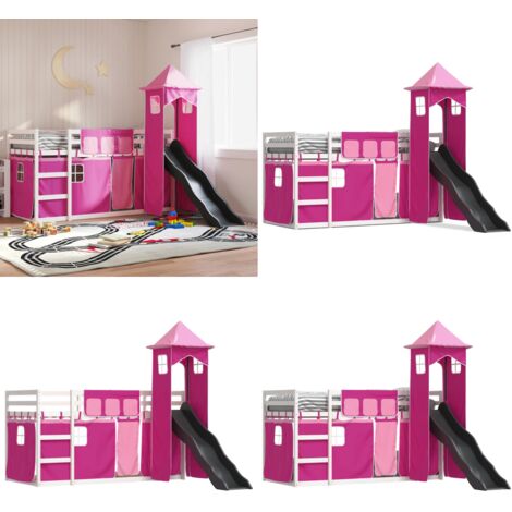 Letto a Castello con Scivolo e Tende Rosa 90x190 cm - Letto a castello per bambini - Letto a castello con tende