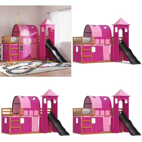 Letto a Castello con Scivolo e Tende Rosa 90x200 cm - Letto a castello per bambini - Letto a castello con tende