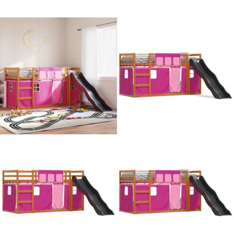 Letto a Castello con Scivolo e Tende Rosa 90x200 cm - Scivolo per bambini - Tende per letto