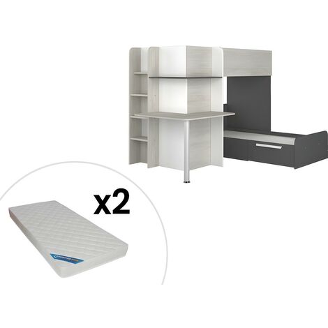 Letto a castello con scrivania 2 x 90 x 190 cm Grigio, Bianco e Nero + Materasso - SAMUEL - Nero, Grigio chiaro