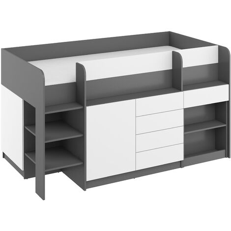 LETTO A CASTELLO SCRIVANIA LIBRERIA BAMBINI NEO L cm206x120x138h BIANCO  GRAFITE GREZZO