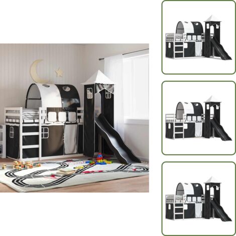 Letto a castello con sponde di sicurezza - vidaXL Letto a Castello con Scivolo e Tende Bianco e Nero 80x200 cm - Letto a castello in legno