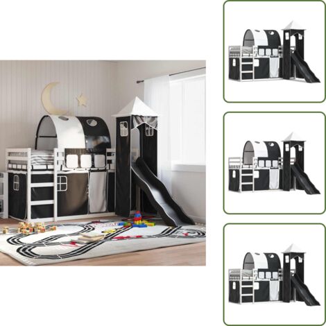 Letto a castello con sponde di sicurezza - vidaXL Letto a Castello con Scivolo e Tende Bianco e Nero 90x200 cm - Letto a castello in legno