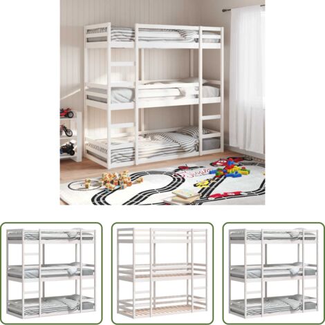 Letto a castello in legno -  Letto a Castello Triplo Bianco 90x200 cm Legno Massello di Pino
