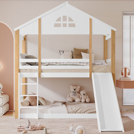 Letto a castello in legno massello e MDF bianco e naturale 90x200 cm con scivolo, scala e protezioni