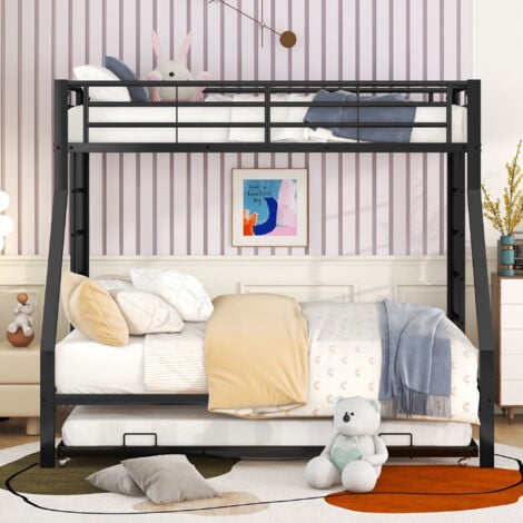 Letto a castello in metallo 90/140x200 cm con letto estraibile. scale. Nero