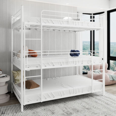 Letto a castello in metallo per bambini 90x190 cm, struttura a 3 livelli, con scaletta, facile da montare, anticaduta, materasso non incluso, bianco