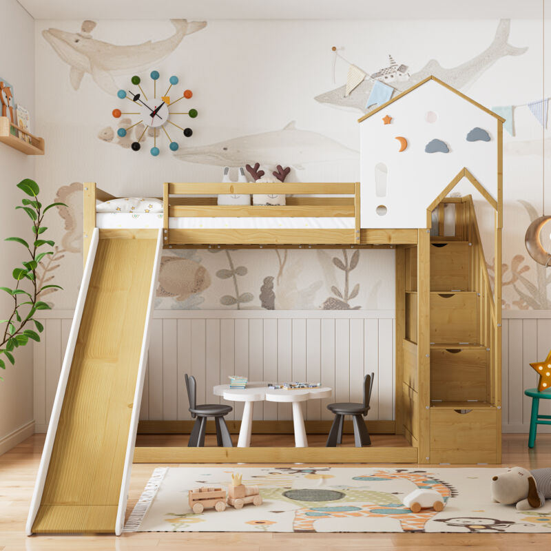 Letto a castello, letto a castello, lettino per bambini, letto con scala ad angolo, lettino per bambini con tetto e finestra, lettino per bambini con