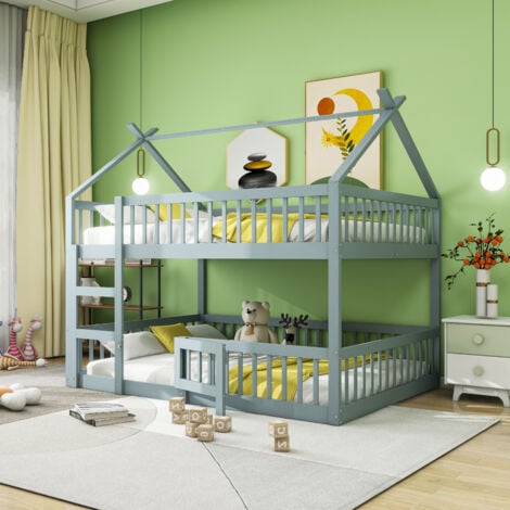 HAUSS SPOLE Letto a castello per bambini 90x200 cm, letto a soppalco con scale, design loft, protezione anticaduta, legno massiccio, grigio