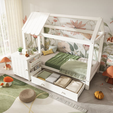 Letto a castello per bambini 200x90 cm con cassetti e comodino estraibile, struttura in legno massello, colore bianco, senza materasso incluso