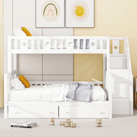 Letto a castello per bambini 90 x 200 cm + 140 x 200 cm, con due cassetti e rete a doghe, bianco