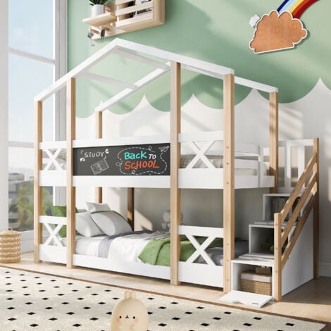 HAUSS SPLOE Letto a castello per bambini 90 x 200 cm con scaletta e 3 cassetti, protezione anticaduta, multifunzionale, legno, bianco