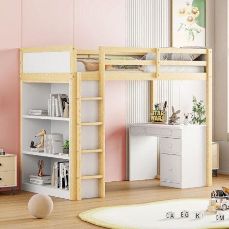 Letto a castello per bambini 90x200 cm, con contenitore e scrivania per computer, colore legno