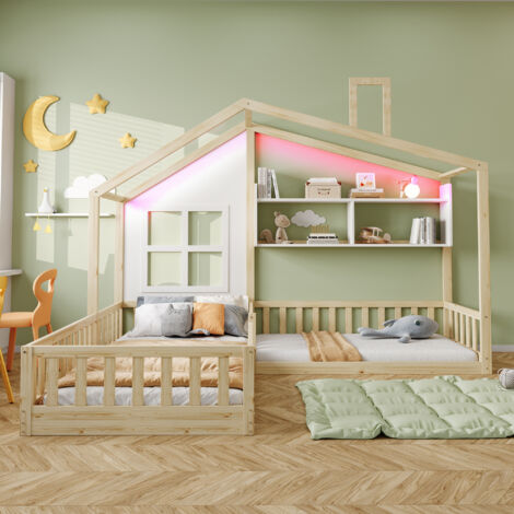 Letto a castello per bambini 90x200 cm con LED, rete a doghe ×2, vano contenitore, legno/MDF, bianco e naturale