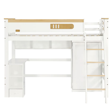 Letto a castello per bambini 90x200 Cm, con parapetto, tavolo e armadio, bianco + naturale