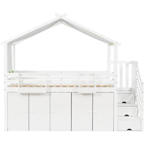 Letto a castello per bambini 90x200 cm, con ritenuta, 1 armadio e 2 armadietti, 3 armadietti nella scala, pino + mdf + sughero, bianco + verde