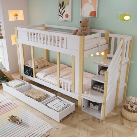 Letto a castello per bambini 90x200 cm in pino con 3 cassetti su rotelle, scaletta portaoggetti e tavolo da disegno, senza materasso, bianco