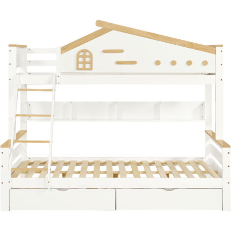 Letto a castello per bambini con parapetto, cassetti, finestra, scala inclinata e cassetti, bianco + colori naturali, 90x200 cm & 140x200 cm