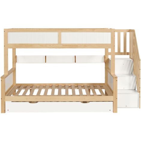 Letto a castello per bambini con protezione anticaduta, sponde, letto a scomparsa, armadio, pino + mdf, bianco + naturale, 90x200 & 120x200 cm