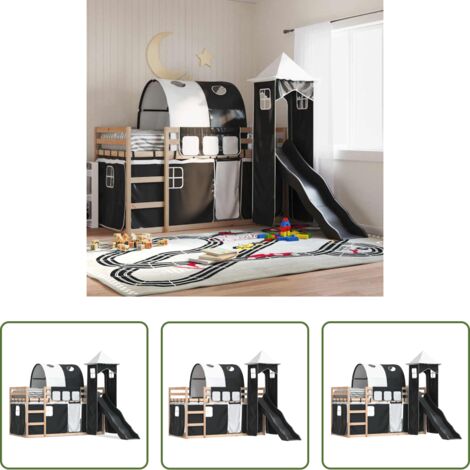 Letto a castello per bambini -  Letto a Castello con Scivolo e Tende Bianco e Nero 80x200 cm