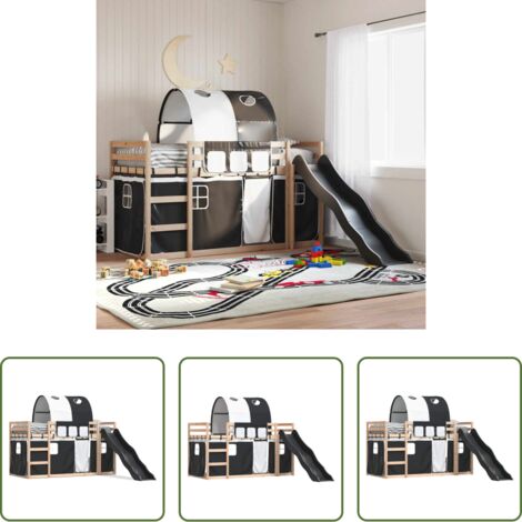 Letto a castello per bambini -  Letto a Castello con Scivolo e Tende Bianco e Nero 80x200 cm